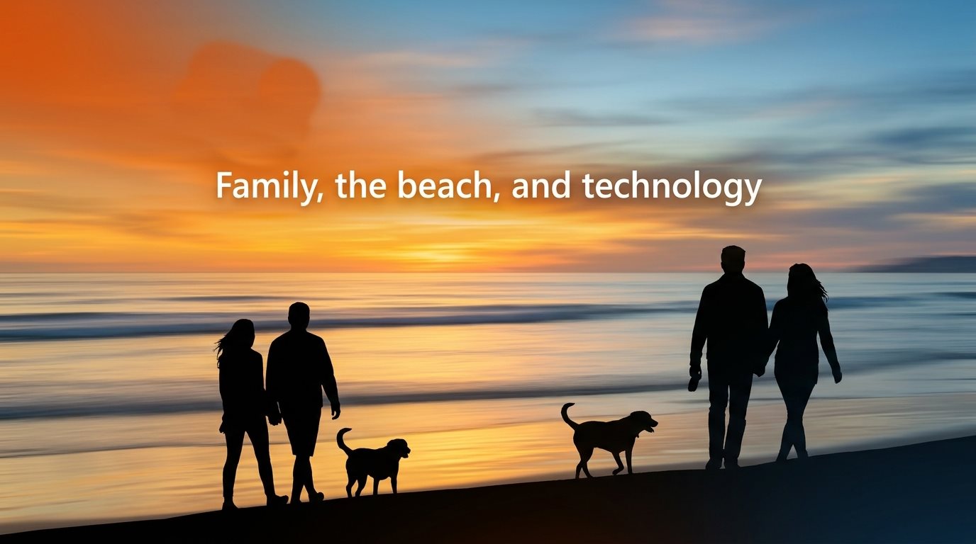 Silhouettes of two couples walking their dogs along the shoreline at sunset, with the words: Family, the beach, and technology